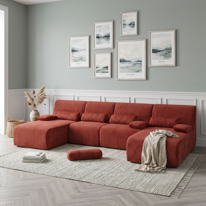 Corduroy U-Shaped Sectional Symmetrical, Rouge
