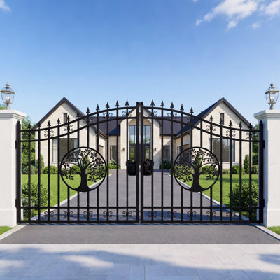 14FT Iron Dual Swing Driveway Gate - Tree Design