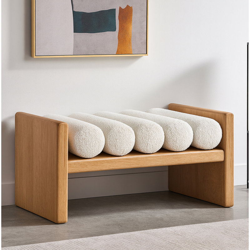 Waverly Boucle Wood Bench, 18" H x 32" W x 19" D, Cream Boucle Fabric / Natural Finish