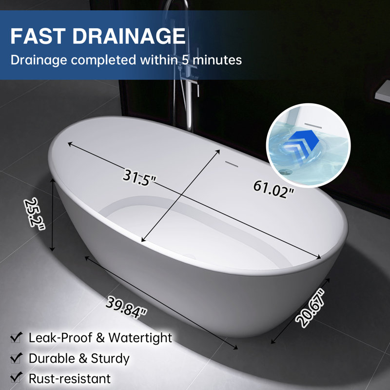 KAKUSIGA 61" Freestanding Deep Soaking Bathtub, Matte White Solid Surface Stone Resin Tub