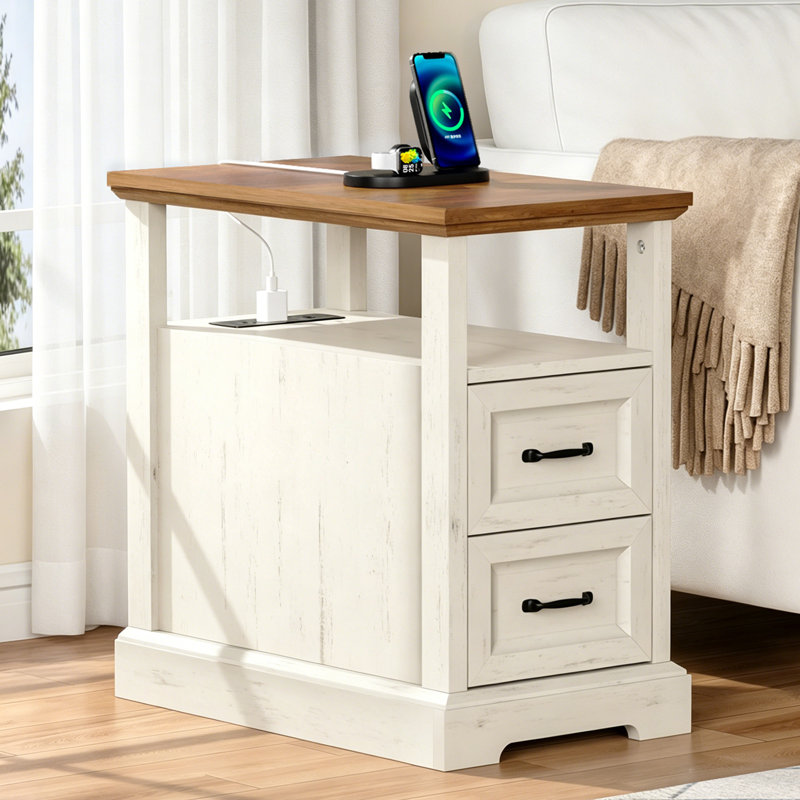 2-Drawer Farmhouse End Table With Built-In Outlets, Natural/Rustic White