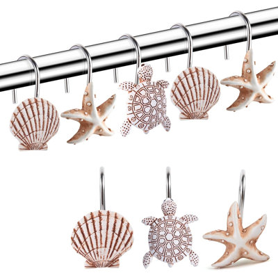 Crochets décoratifs pour rideau de douche, anneaux de rideau de douche tortues de coquillage, crochets de douche antirouille pour thème de plage, ensemble de 12 cintres de rideau de douche décoratifs de bord de mer