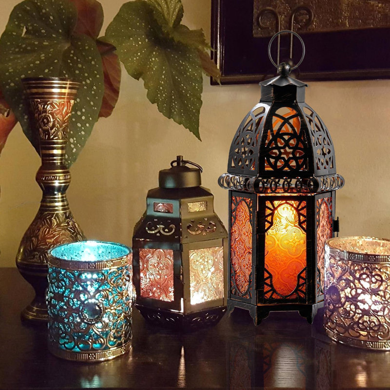 Vintage Large Size Decorative Ramadan Candle Lantern, 12.8’’ Metal Hanging&Tabletop Moroccan Lantern Candle Holder Decor, Halloween Christmas Decorations For Home Indoor Outdoor Patio (Amber)
