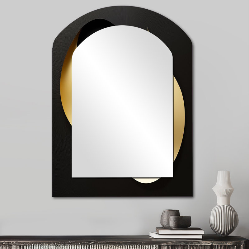 Golden Droplets On Black - Geometric Irregular Shape Unique Mirror, Black Asymmetrical Large Wall Mirror, Printed Metal Art
