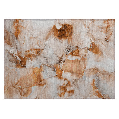 2' X 3' Orange and Ivory Abstract Washable Indoor Outdoor Area Rug