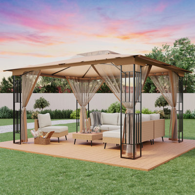 Pavillon de jardin à double toit 13 pi x 11 pi avec moustiquaire, abri de jardin robuste