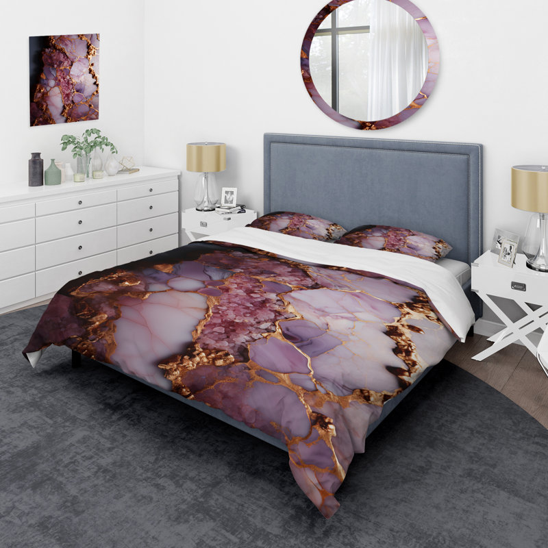 Ensemble de housse de couette abstraite en marbre rose et doré Agate River II