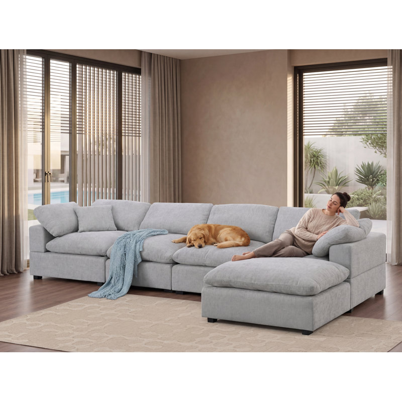 Weikko 143.2" Wide Upholstered Chaise Sectional, Light Gray