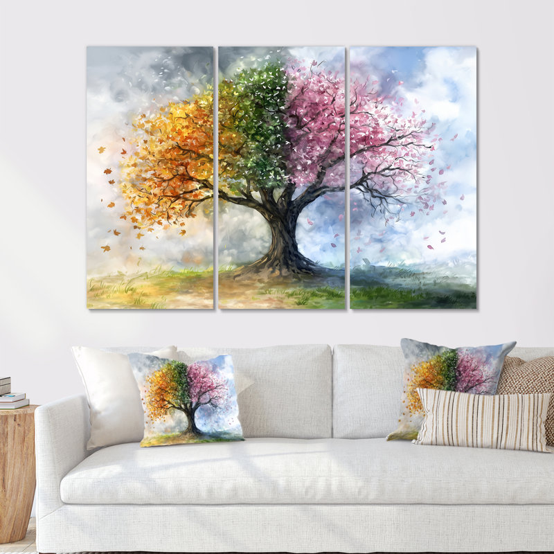 Arbre rose avec quatre saisons - ensemble d'art mural arbre de vie, Toile tendue, H 32 po x l 48 po x P 1 po