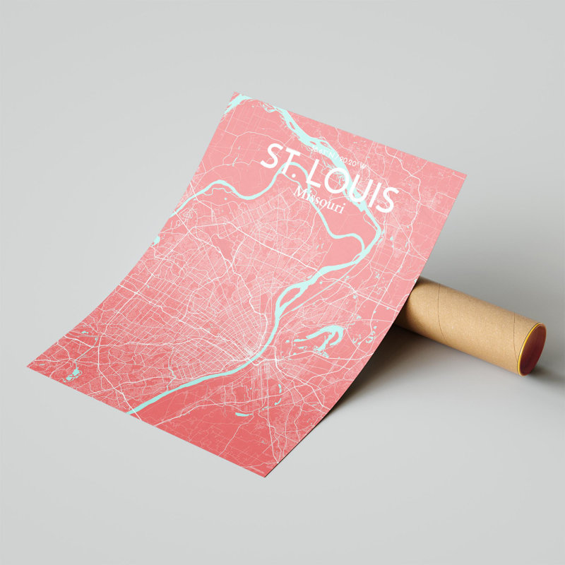 St. Louis City Map, impression, H 20 po x l 16 po, Rose / bleu pastel
