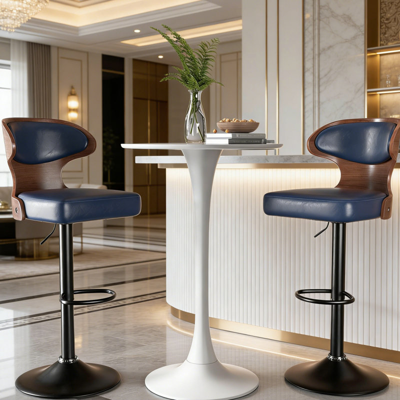 Tabouret de bar pivotant à hauteur réglable avec siège en similicuir et dossier en bois cintré | Base en métal avec repose-pieds | Style moderne et minimaliste pour îlot de cuisine, bar ou salle à manger