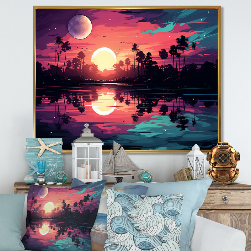 Mauve coucher de soleil audacieux - art mural coucher de soleil côtier, Cadre flottant doré, H 30 po x l 40 po x P 1,5 po