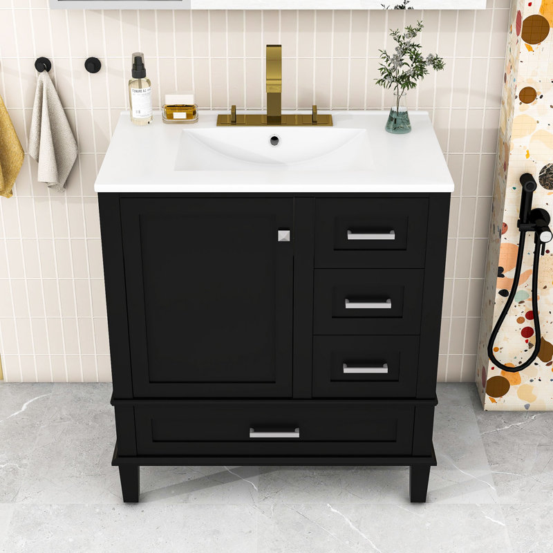 Meuble-lavabo de 30 pouces avec lavabo en céramique, technologie de fermeture en douceur et beaucoup de rangement, Noir