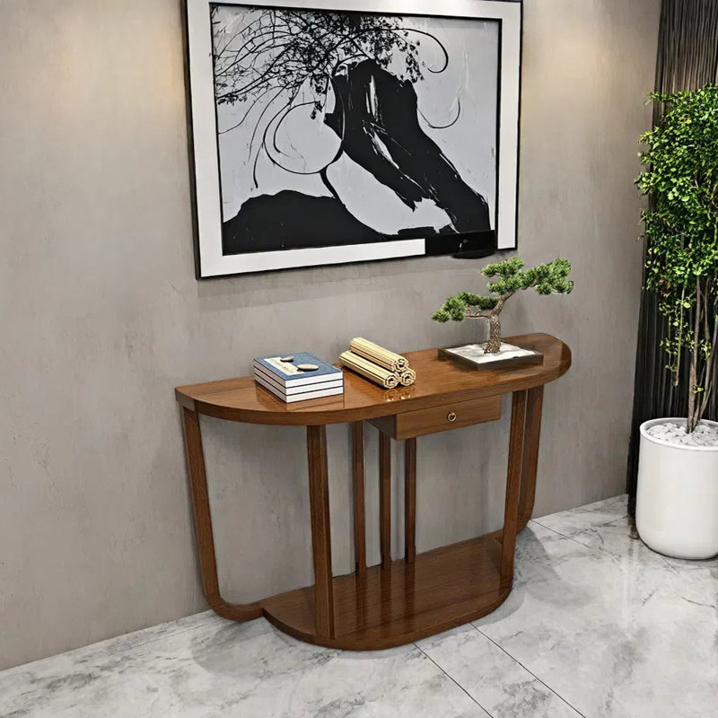 Table de couloir semi-circulaire en bois massif, Noyer, H 31,5 po x l 39,4 po x P 14,2 po