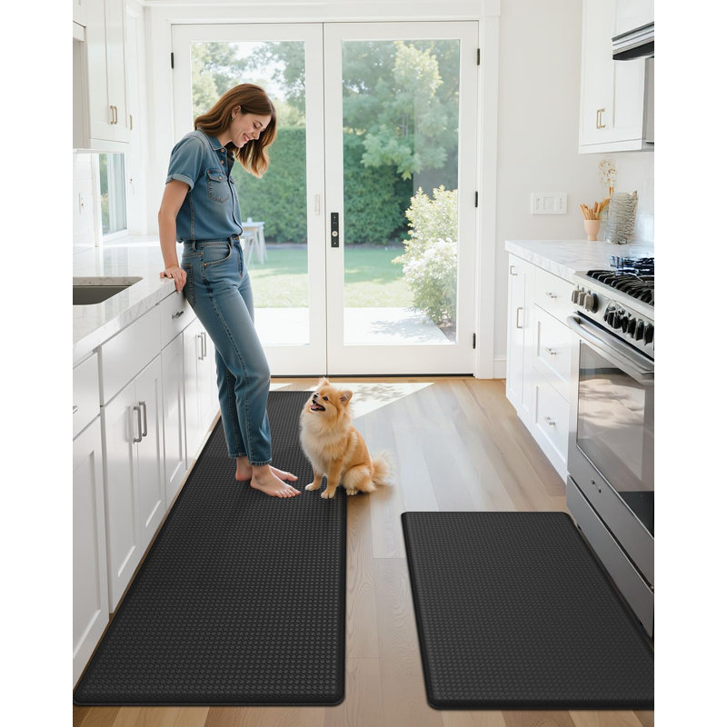 Castelford Plaid Memory Foam Kitchen Mats Ant-Fatigue Non-Skid Kitchen Rugs (Set of 2), Runner 17"x29.5" + 17"x59", Black