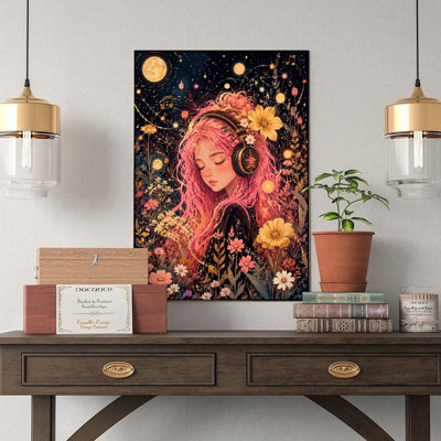 Canvas Wall Art Pink Hair Girl Headphones Floral Starry Night Art Vintage Poster Print Home Decor