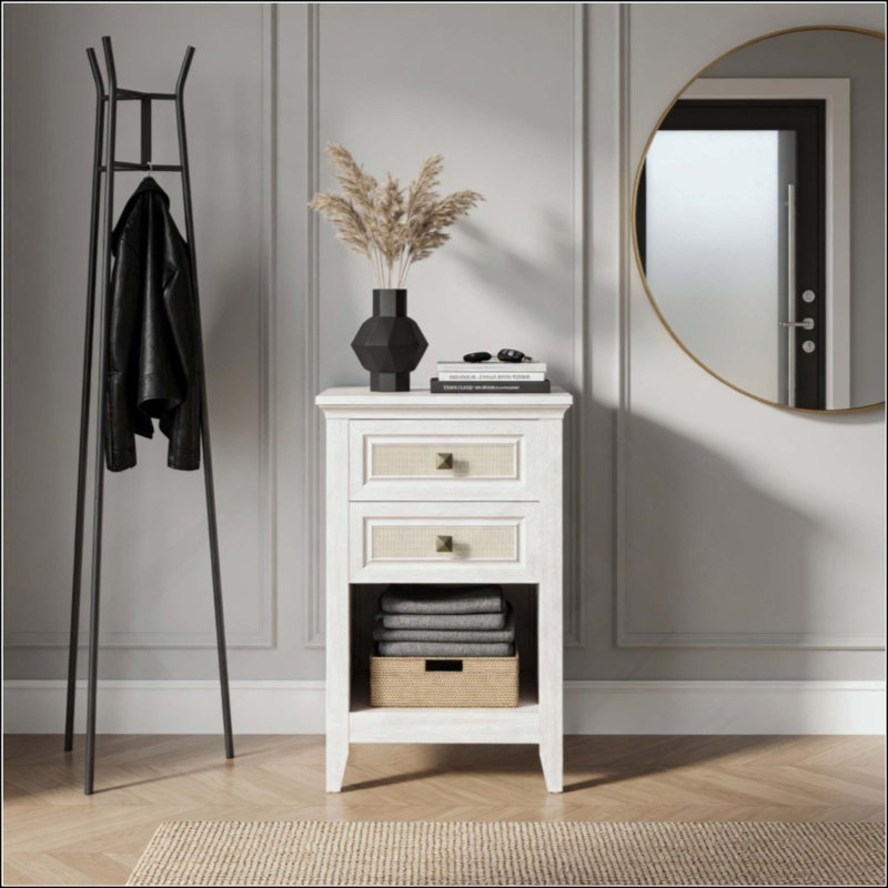 Table de chevet en rotin avec 2 tiroirs - Grande table de chevet 27 po Boho pour petits espaces et chambres à coucher