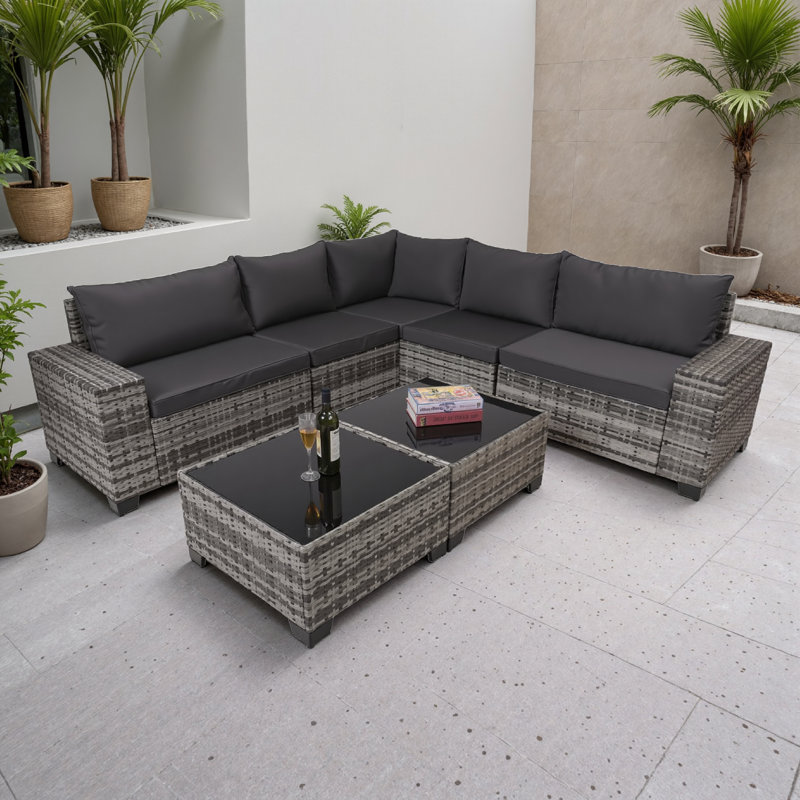 Ensemble de canapé d'extérieur en osier 7 pièces avec table basse 7 pièces , Noir, Gris foncé