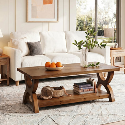 Rectangle Solid Wood Coffee Table with Storage Shelf for Living Room, Wood Center Tea Table with Curved Trestle Base