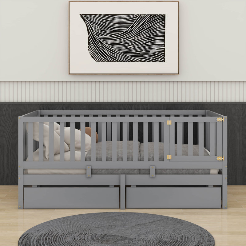 Wood Daybed With Fence Guardrails And Drawers, Gray, Twin