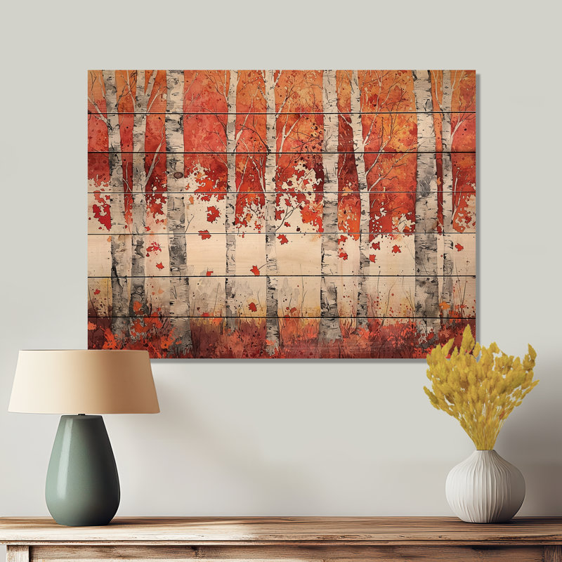 Horizon de bouleaux d'automne - Décoration murale paysage sur bois de pin naturel, H 24 po x l 32 po x P 0,78 po