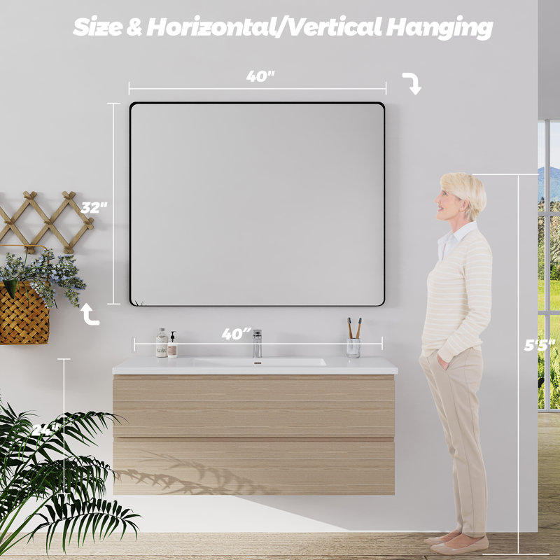 Lesamuel Filleted Corner Wall Mounted Bathroom and Vanity Mirror with Aluminum Frame, 32" x 40", Black, Rectangle