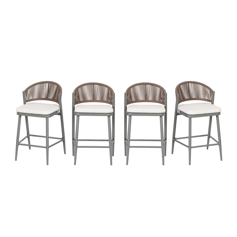 Tabouret de patio Eisen, Coussin beige / structure en fer gris mat, 4, Tabouret de bar (siège d'une hauteur de 30,25 po)