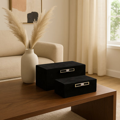 Caladendra Elegant Suede Decorative Boxes With Lid And Metal Handle - Functional Decorative Storage, Organizer, And Keepsake Box - Set Of 2, 14", Black