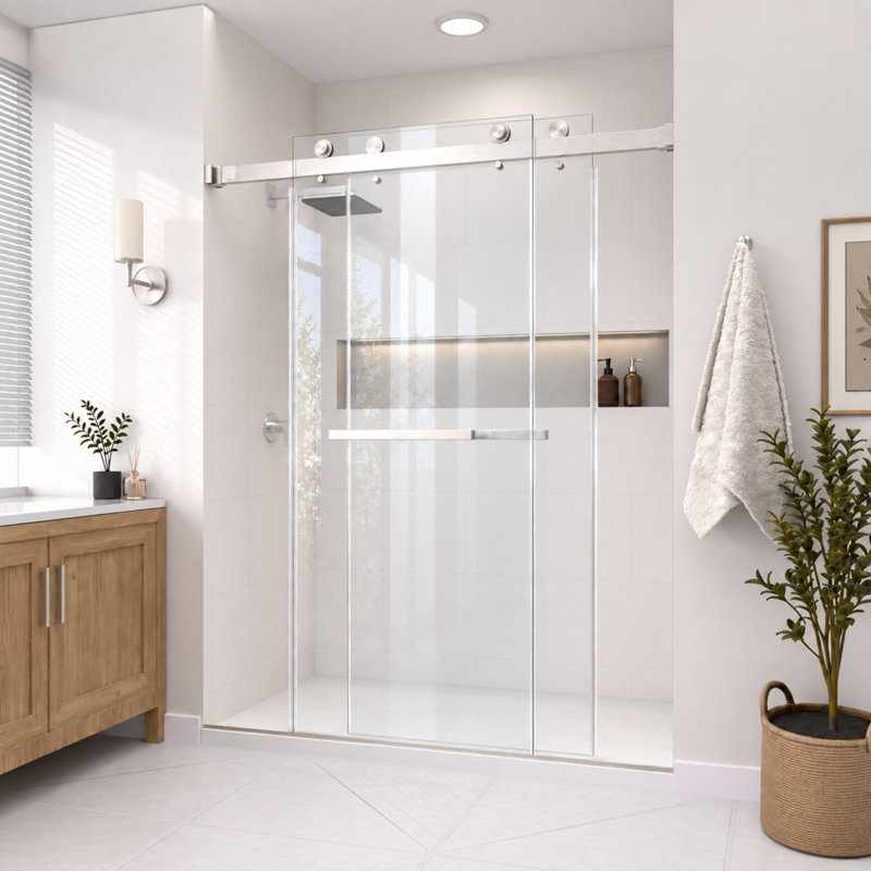 Catalyst 68"- 73" W X 79" H Double Sliding Frameless Shower Door In Brushed Nickel With 3/8" Clear Glass, 72"W x 79"H