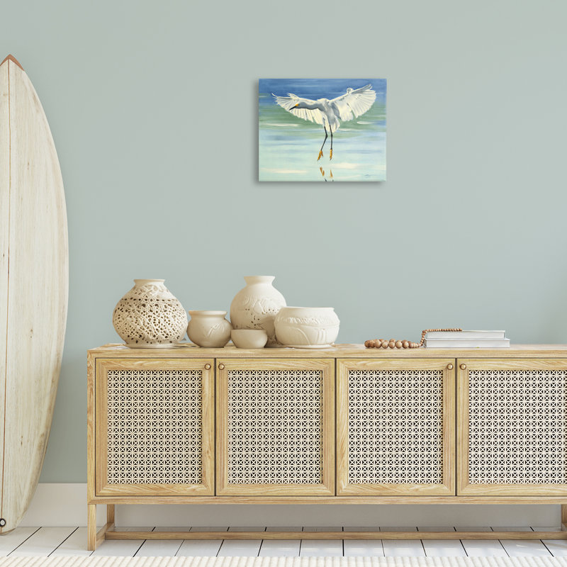 «Snowy Egret on Beach», art mural par D. Rust, H 16 po x l 20 po