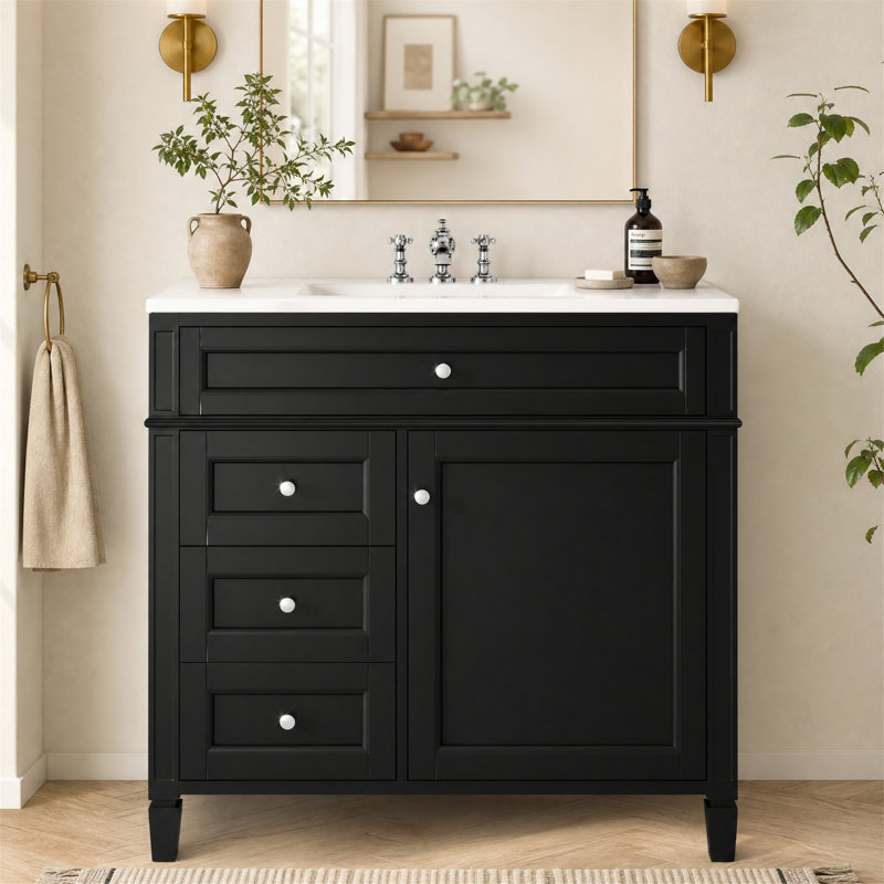 Meuble-lavabo simple de 91 cm (36 po) avec comptoir et rangement multifonctionnel, noir, Noir