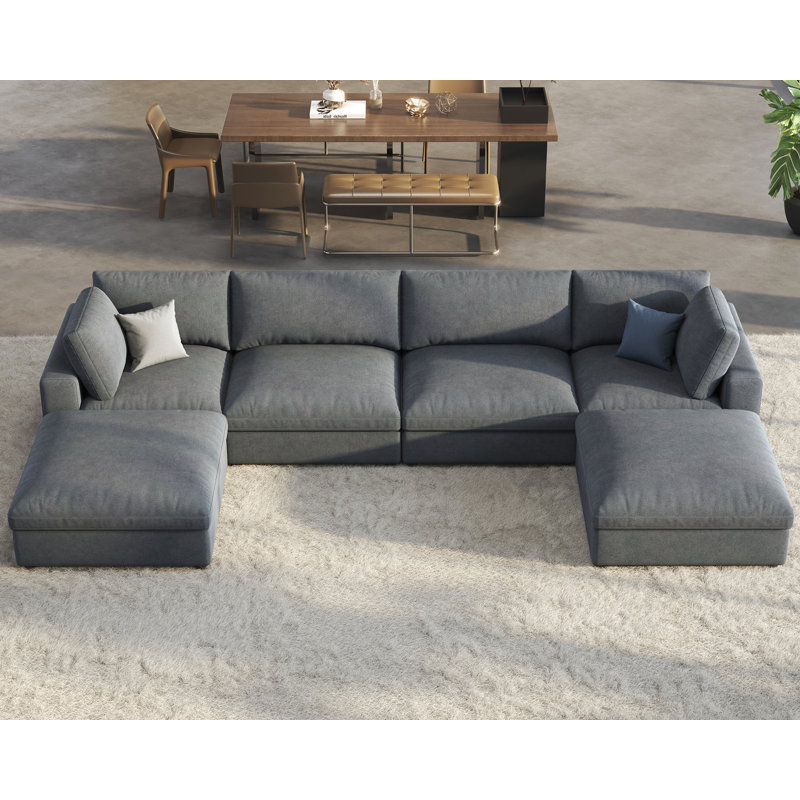 Modechai Sectional Sofa, 152“ Down Filled Sofa, 6 Seats U Shaped Couch with Chaise, Ottoman, Gray Linen