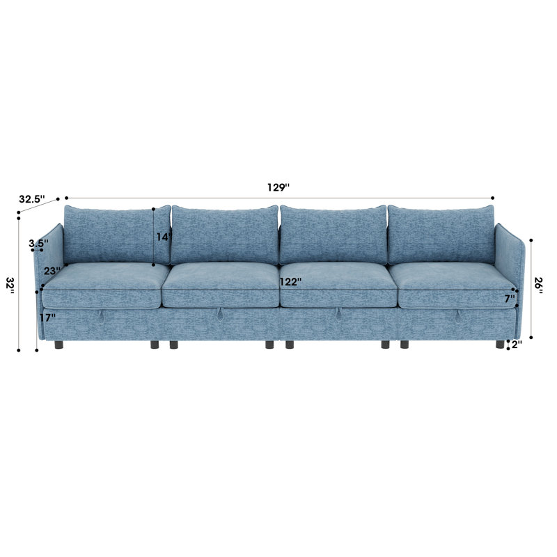 Canapé modulaire 4 places modulaire avec rangement caché, canapé convertible avec coussins moelleux, Polyester bleu