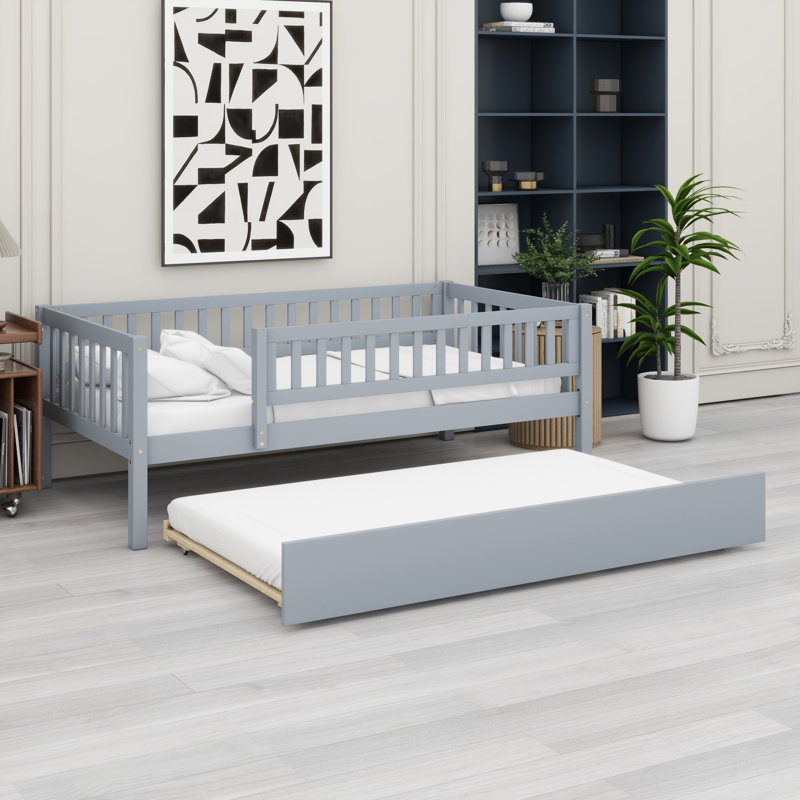Lit de jour en bois avec couchette et barrière de sécurité, Gris