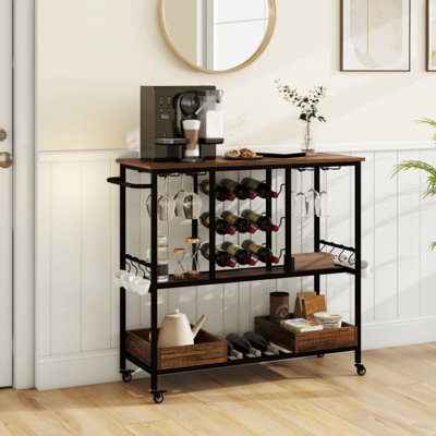 Costway 3 Tiers Bar Cart Home Serving Cart On Wheels With Glass Racks Wine Holders