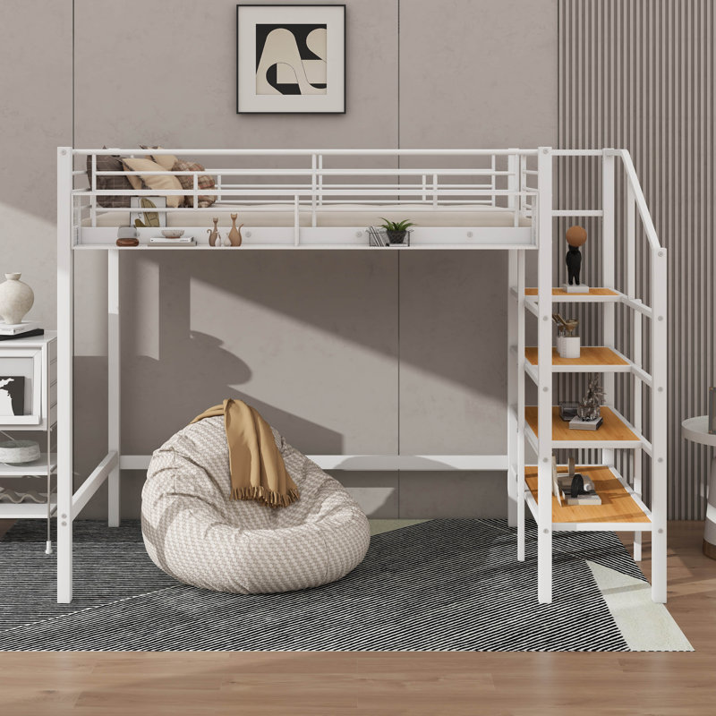 Sturdy Twin-Size Metal Loft Bed Featuring Upper Mesh Storage Shelf And Lateral Ladder, White
