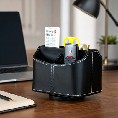 PU Leather 360° Rotatable Remote Control Box, 5-Compartment TV Remote Caddy for Pen, Remote, Key, Sundries, Black