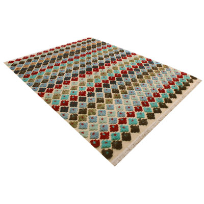 Tapis géométrique rouge / beige / bleu en laine noué à la main 8 pi 1 po x 10 pi 1 po Geometric