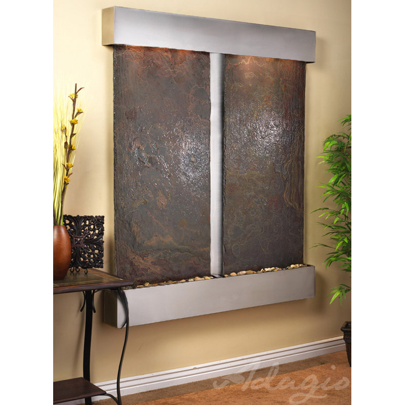 Cottonwood Falls Fountain with Light, Stainless Steel, Green Slate, Rounded