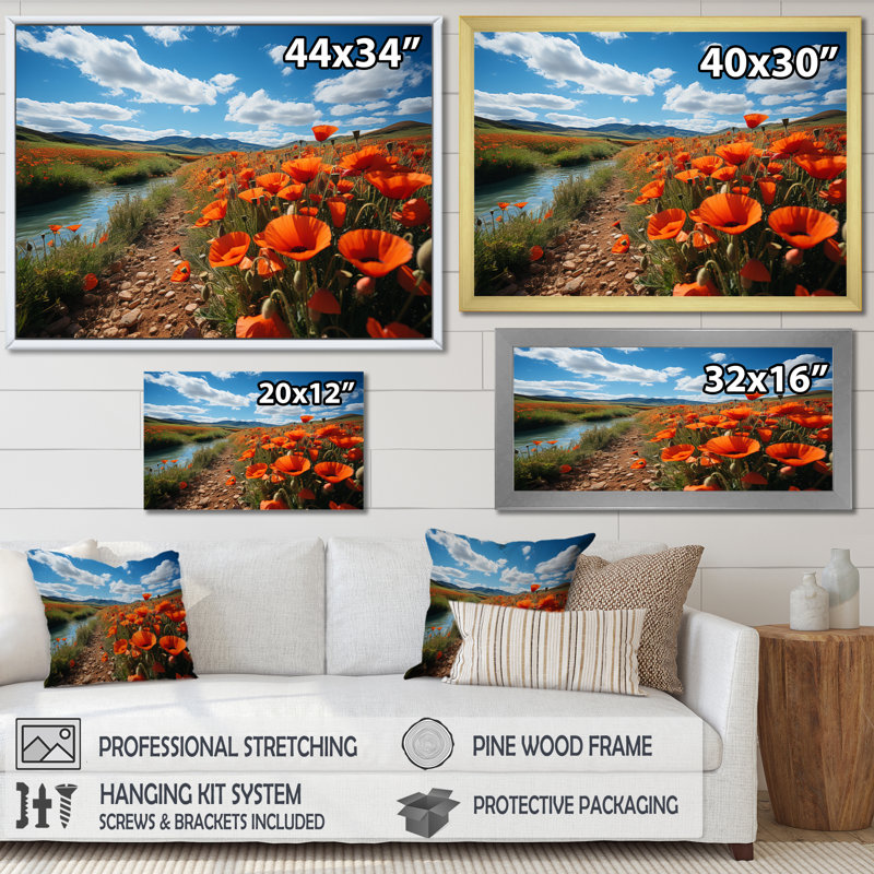 Kolette, Espagne, champs de coquelicots sur toile, Cadre simple noir, H 34 po x l 44 po x P 1,5 po