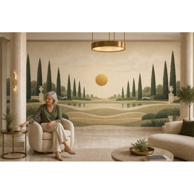 Papier peint mural paysage, jardin formel, villa méditerranéenne, 140"x108", Peel and Stick