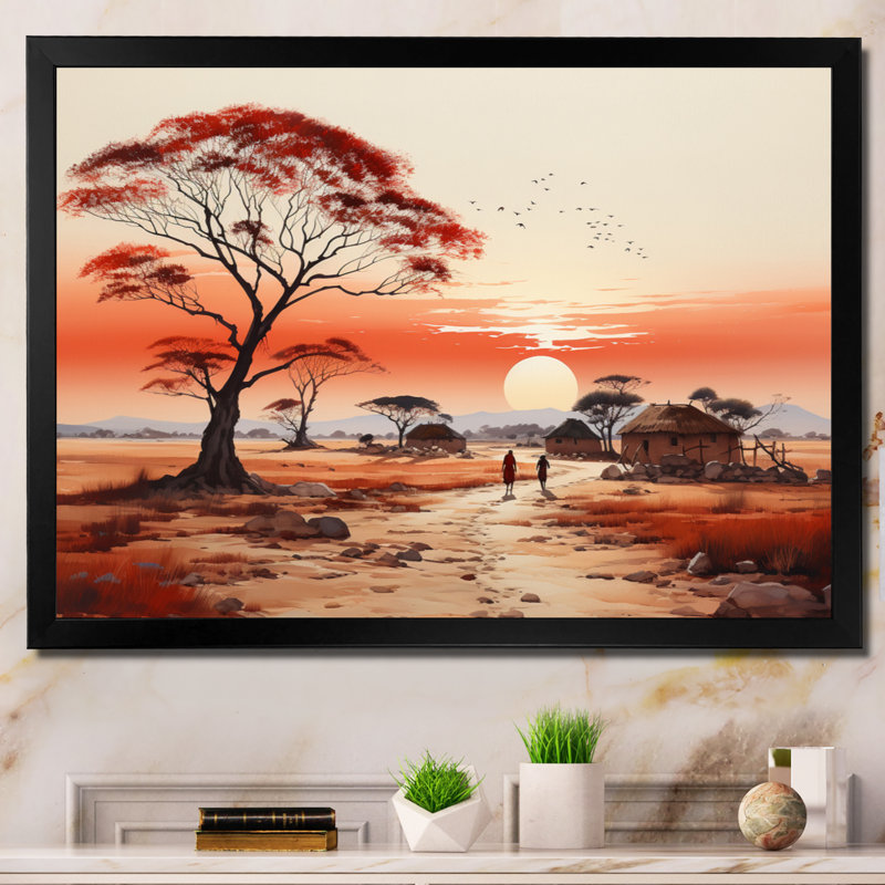 «Peach Red African Village Visions», reproduction sur toile, Cadre simple noir, H 24 po x l 32 po x P 1 po