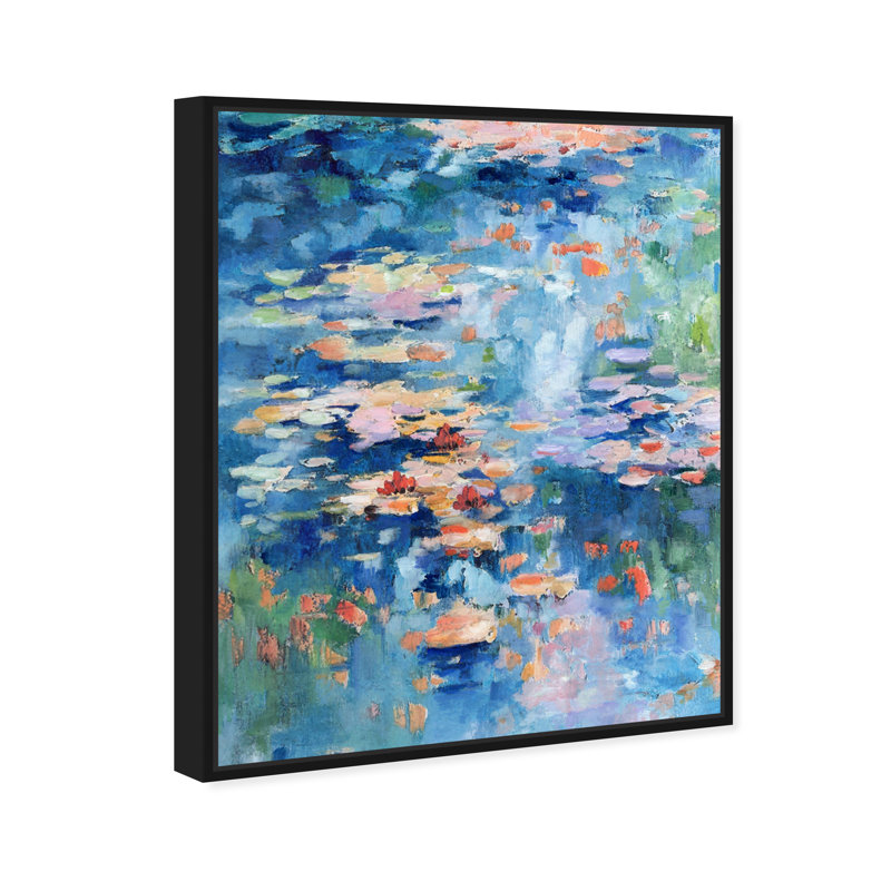«Inspired by Monet Impressionist Waterlillies Modern Blue», impression encadrée, Toile encadrée noire
