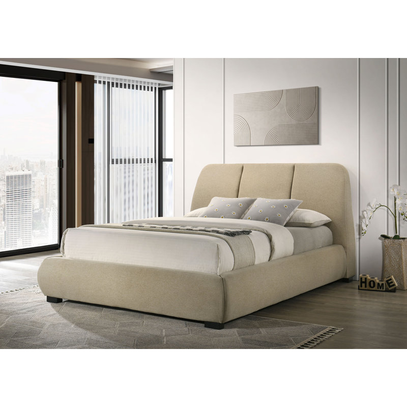 Grand lit plateforme tapissier brun Mokena, Brun, Grand