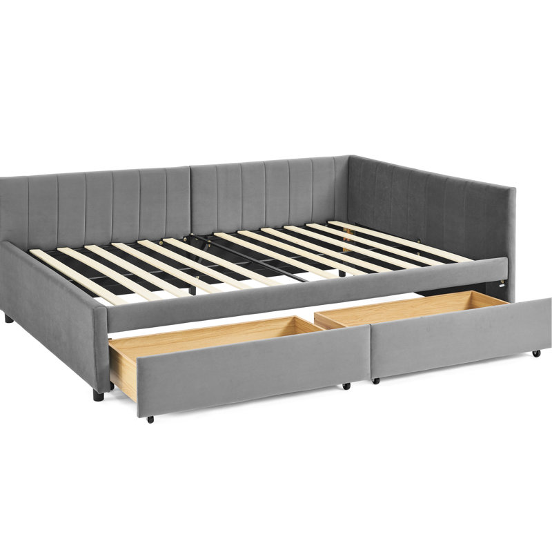 Full Size Upholstered Daybed With Grey Velvet, Two Storage Drawers, Comfortable For Back Support, Shoulder Comfort, Vertical Stripe , Ideal Family Room Daybed, Fitting Body Shape, Relaxed Shoulders