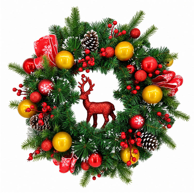 Couronne de Noël pré-éclairée 24 "avec décorations de rennes et de boules de Noël, 20 lumières DEL pour porte d'entrée et manteau de cheminée