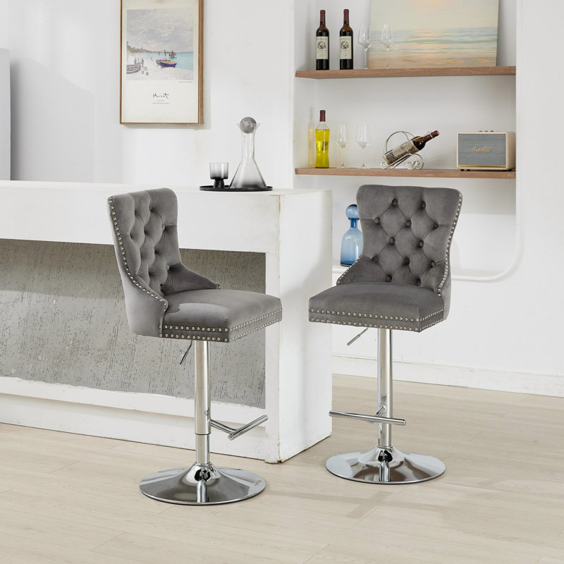 Adjustable 25 - 33" Height Thick Swivel Velvet In Gray, Of 2, Modern Upholstered With 17.7" Base, Diamond And Sponge & Spring Seat For Kitchen Island , Height, Gray 2 Buttons, Home Bar