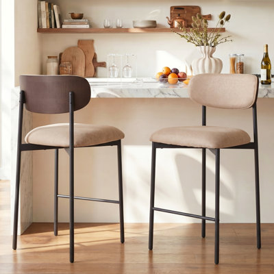 Modern Bar Stools Set of 2, 24 Inch Upholstered Fabric Counter Height Stools with Curved Backrest & Black Metal Legs, Wood Grain Back Bar Chairs for Kitchen Island