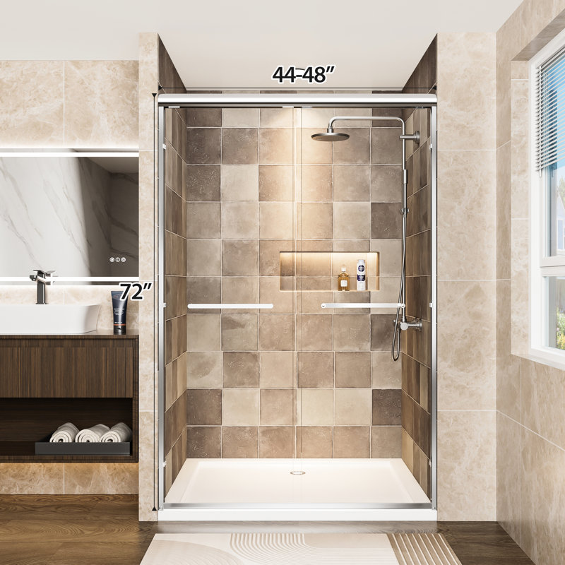 48" Width Aluminum Double Sliding Shower Door, 72" Height, 1/4" (6mm) Clear Tempered Glass With - Breakage Film, Waterproof And For Bathroom Door In Frame, W X H, Adjustable Reversible