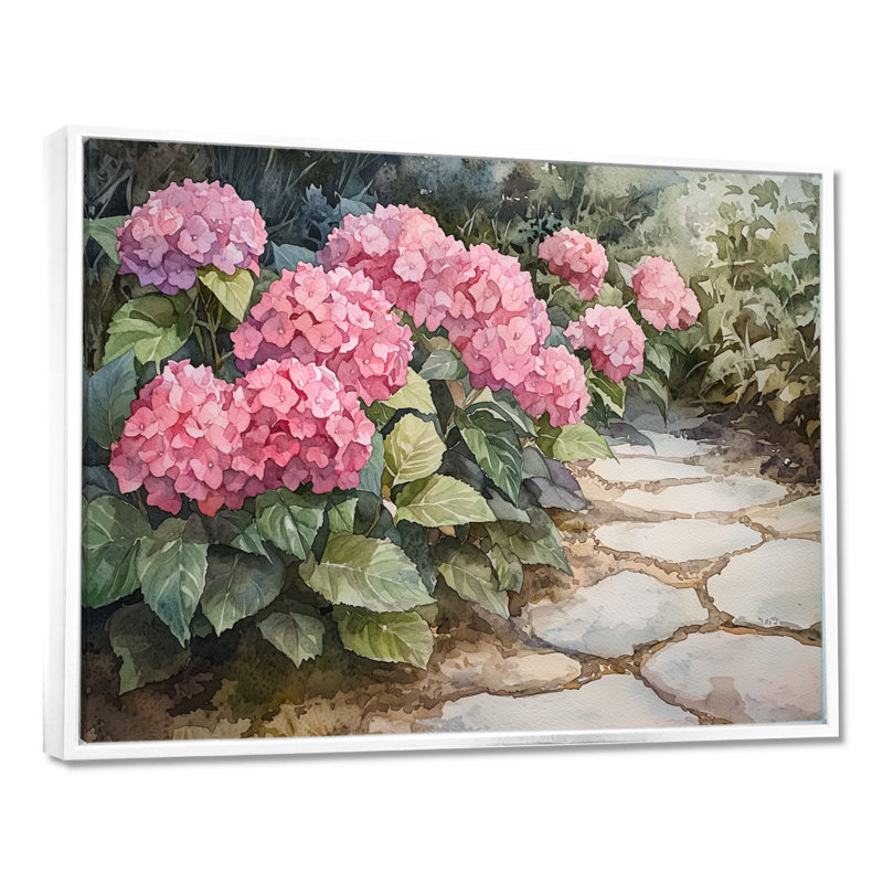Hortensias dans un sentier de jardin monochrome I - hydrangées, art mural, H 24 po x l 32 po, Blanc
